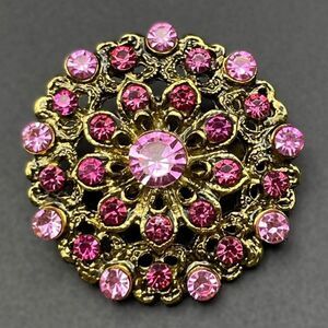 Yellow Gold with Light and Dark Pink Sapphire Crystal Flower Pin Back Brooch